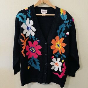 Jaclyn Smith Floral Knit Cardigan Black Multicolor Dopamine Artsy Cottage Size L